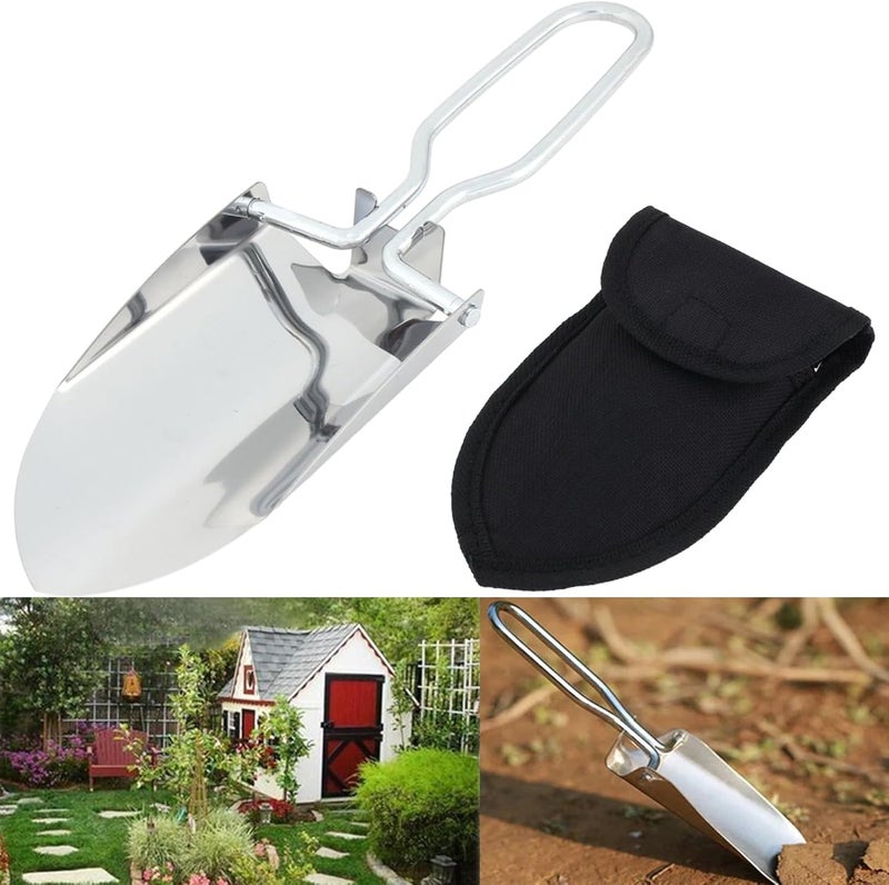 EMVANV Mini Folding Shovel,Foldable Garden Handy with Carrying Pouch Camping Trowel Stainless Steel Outdoor Survival Shovel for Garden and Campsite Use While Hiking, Camping and Outdoor(Silver) - Image 2
